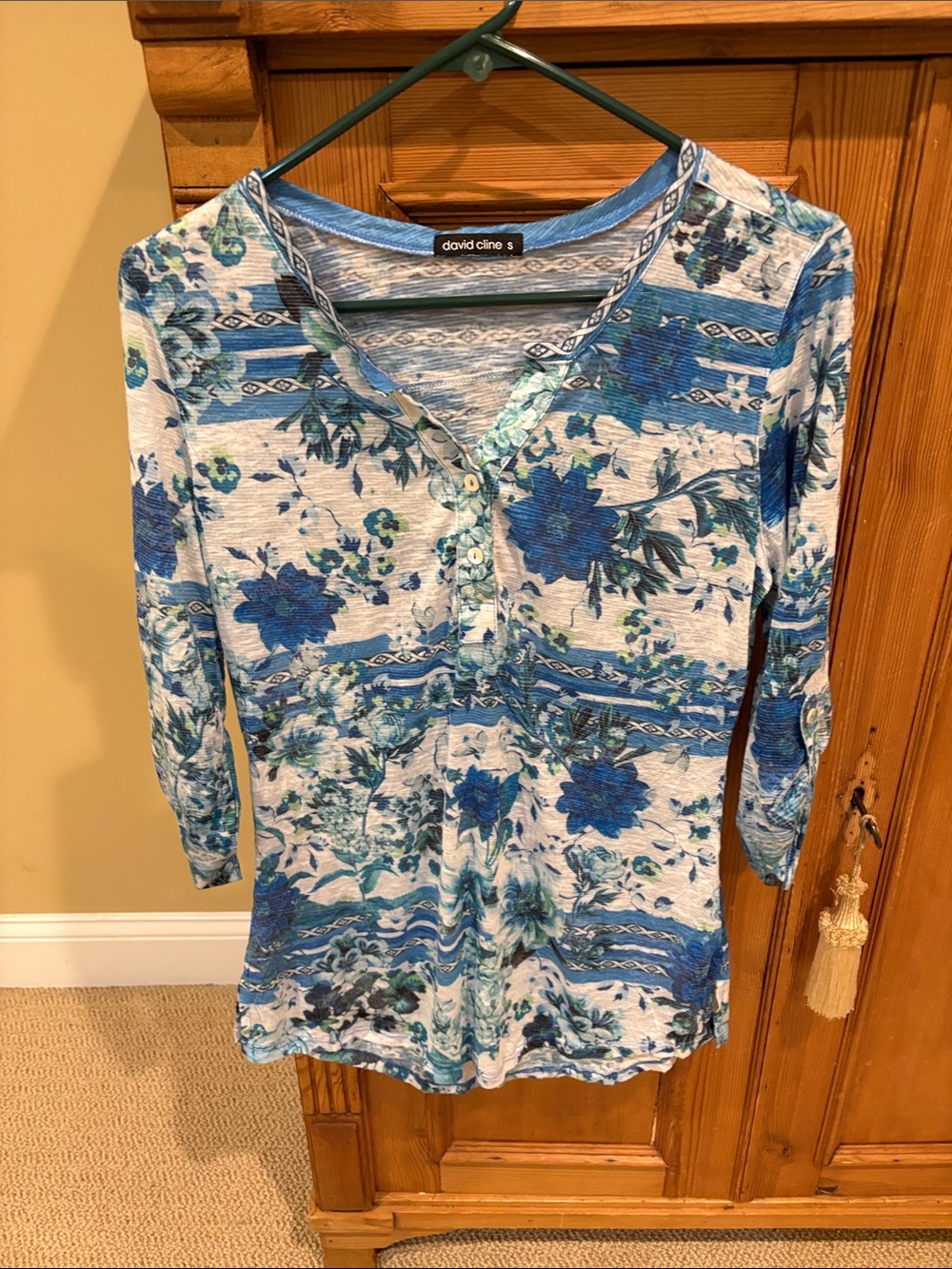 David Cline Blue and White Floral Henley Long Sleeve Top Size S